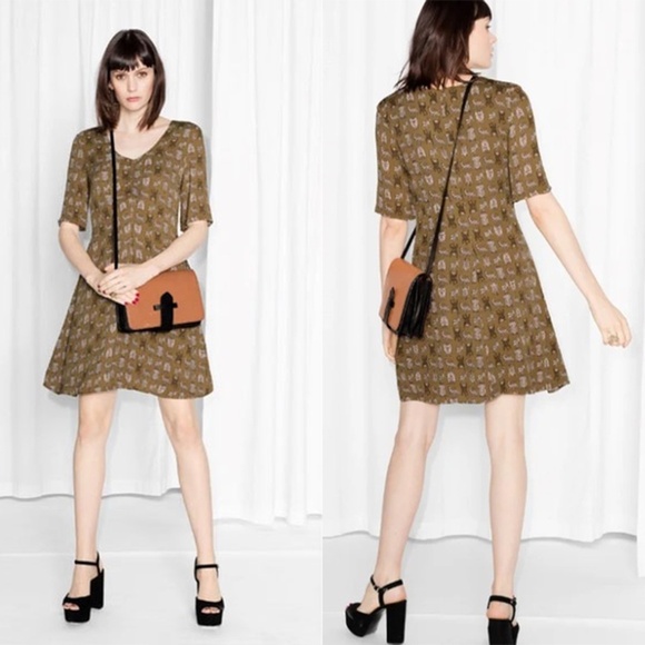 & OTHER STORIES | Khaki Olive Tiger Printed Flounce Mini Ruched Dress | Size 6 - Picture 1 of 12